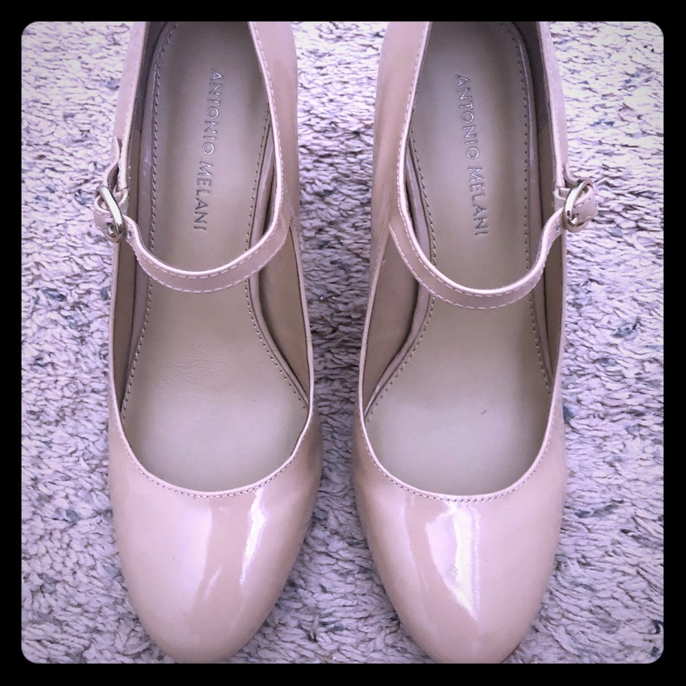 Antonio Melani patent nude heels.